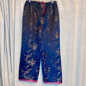 Vintage Style Satin Brocade Lounge Pants Floral, Asian Inspired, L Black Red Whi